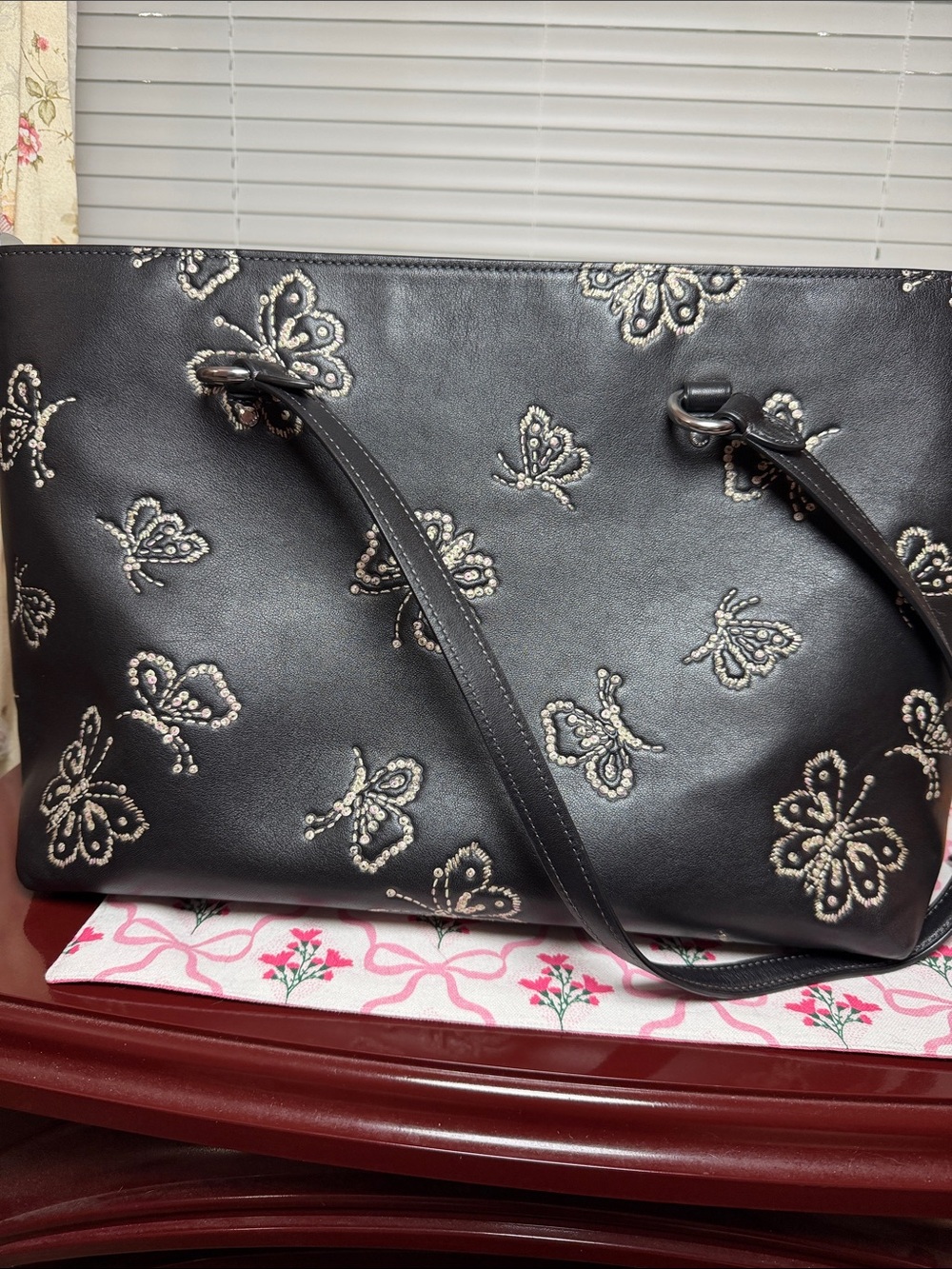 Coach Black Leather Butterfly-Embroidered Tote - Picture 3 of 8